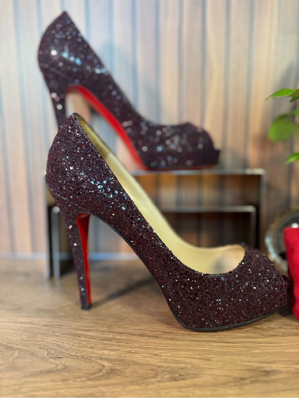 Christian Louboutin Purple Glitter Red Bottom Heels Stilettos, Size 38